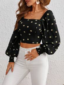 SHEIN VCAY Floral Print Square Neck Lantern Sleeve Crop Blouse - White - View 6