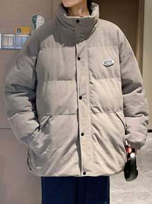 Claim Dot Men's Oversized Padded Coat With Letter Patch And Slant Pockets - Grey - View 7