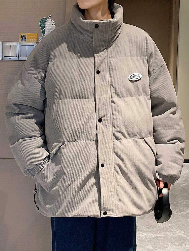 Men's Oversized Padded Coat With Letter Patch And Slant Pockets