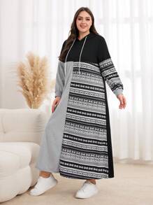 Mulvari 大碼幾何印花撞色抽繩連帽衛衣裙 - 彩色 - 查看 5