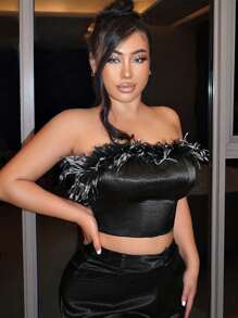 SHEIN SXY Trang trí Fuzzy Áo Tube Crop - màu đen - Xem 3