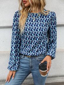 SHEIN Frenchy 滿版印花燈籠袖襯衫 - 寶藍色 - 查看 1