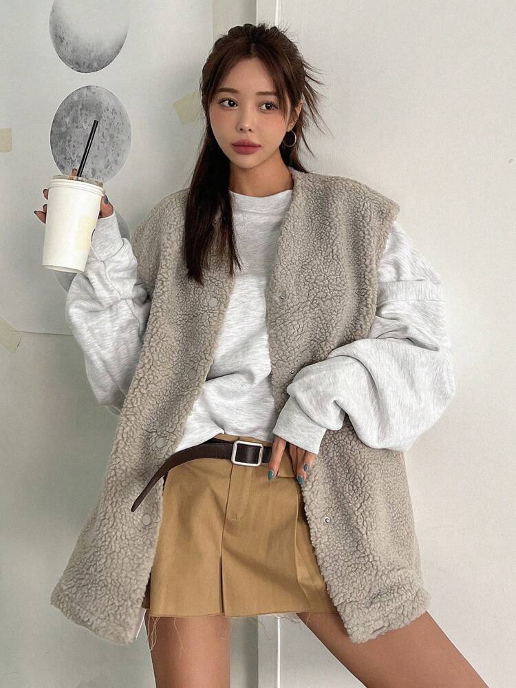 Solid Open Front Teddy Vest Jacket Fall,Winter