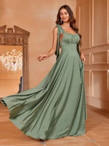 Tie Shoulder Ruched Bust Formal Dress - Green - View 4