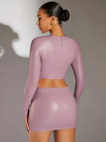 SHEIN X Antonella SHEIN BAE Twist Front Crop PU Leather Tee - Pink - View 2