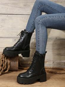 女式時尚厚底圓頭中筒摩托車靴,側拉鍊、綁帶和鈕扣裝飾,秋冬季節 - 黑色 - 查看 1