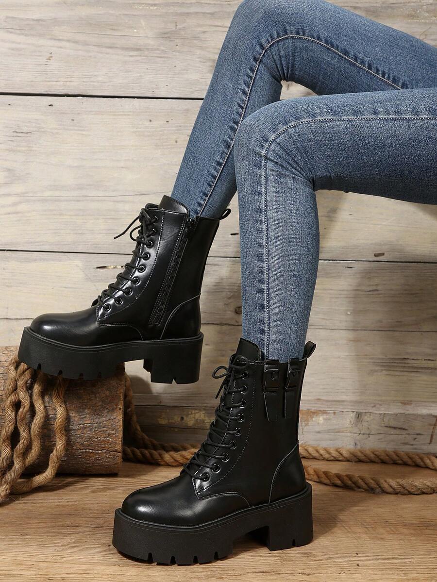 女式時尚厚底圓頭中筒摩托車靴,側拉鍊、綁帶和鈕扣裝飾,秋冬季節 - 黑色 - 查看 1