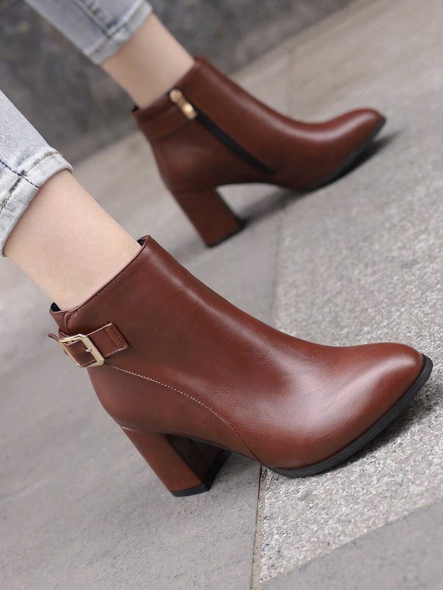 café marrón Botas cortas con Zapatos de tacón de aguja para mujeres , PU superficie , de moda para otoño con invierno - Café integral - Ver 1