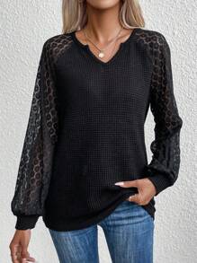 SHEIN LUNE 撞色蕾絲插肩袖T恤 - 黑色 - 查看 5