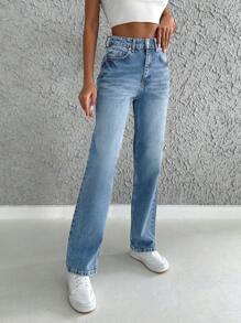 EURMUSE 100%Cotton High Waist Straight Leg Jeans - Light Wash - View 4