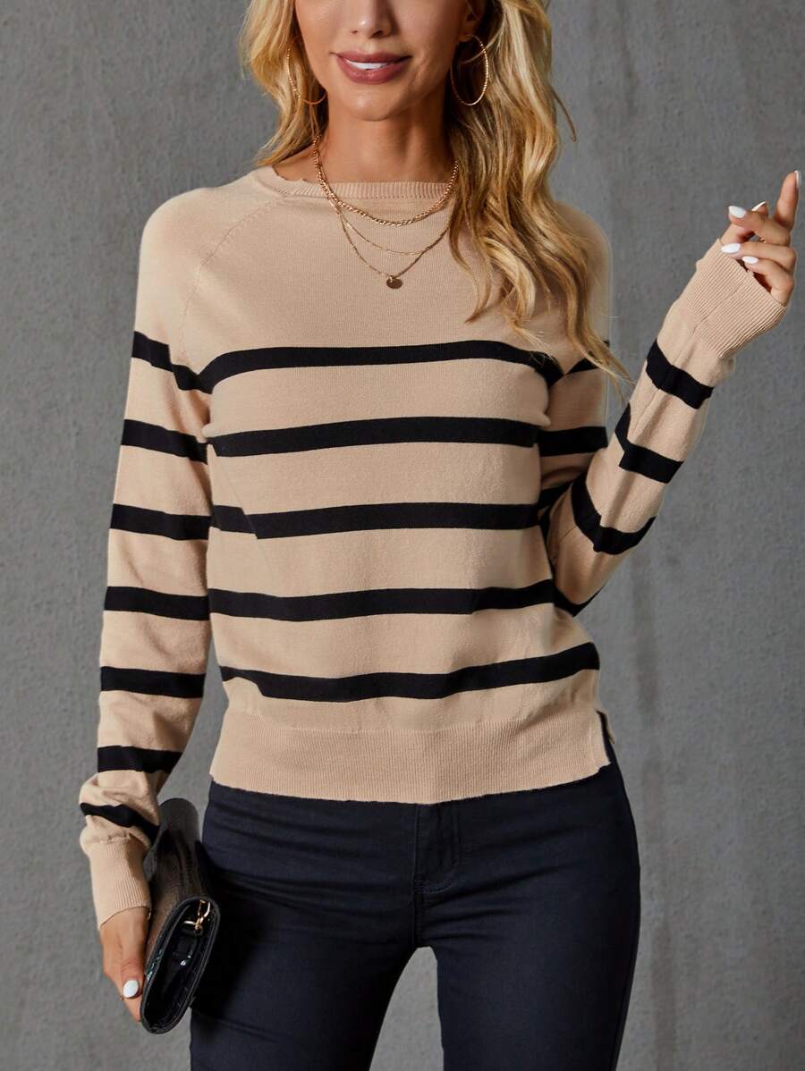 SHEIN LUNE Color Block Striped Raglan Sleeve Skin-Friendly Sweater For Layering,Long Sleeve Tops - Camel - View 1