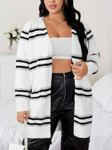 SHEIN Clasi Plus Size Striped Pattern Cardigan - Black and White - View 3