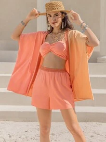 Rusttydustty Two Tone Batwing Sleeve Kimono & Shorts & Cami Top - Coral Orange - View 5