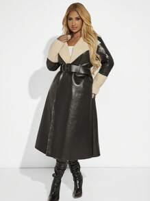 SHEIN SXY Two Tone Belted PU Leather Coat - Black - View 4