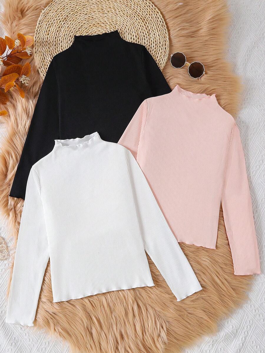 Genkimix Kids Tween Girl 3pcs Mock Neck Lettuce Trim Ribbed Knit Tee - Multicolor - View 1