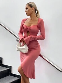 Zolique 鏤空前收褶不對稱下擺緊身洋裝 - 西瓜粉 - 查看 6