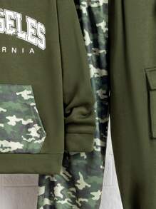 SHEIN Tween Boy Letter Graphic Kangaroo Pocket Hoodie & Sweatpants - Green - View 4