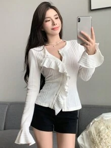 DAZY Chất rắn Viền Ruffle Nút phía trước Tay áo loe Áo thun - trắng - Xem 2