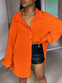 Slaydiva Plus Solid Drop Shoulder Button Front Shirt - Orange - View 5