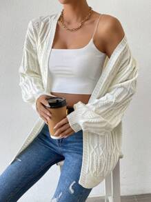 SHEIN LUNE Cable Knit Drop Shoulder Duster Cardigan - White - View 1