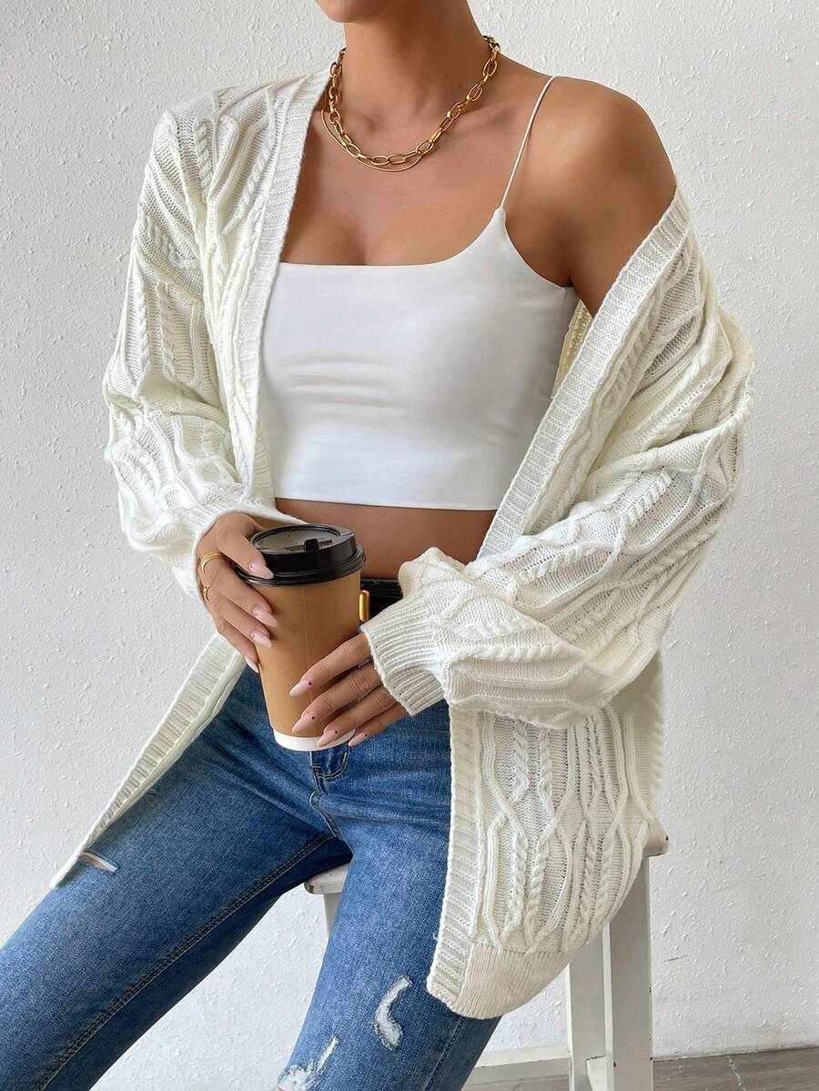 SHEIN LUNE Cable Knit Drop Shoulder Duster Cardigan - White - View 1