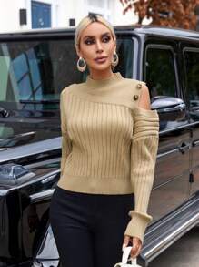 SHEIN Privé Cổ giả Cắt ra Chi tiết Nút Áo len - Màu Khaki - Xem 6