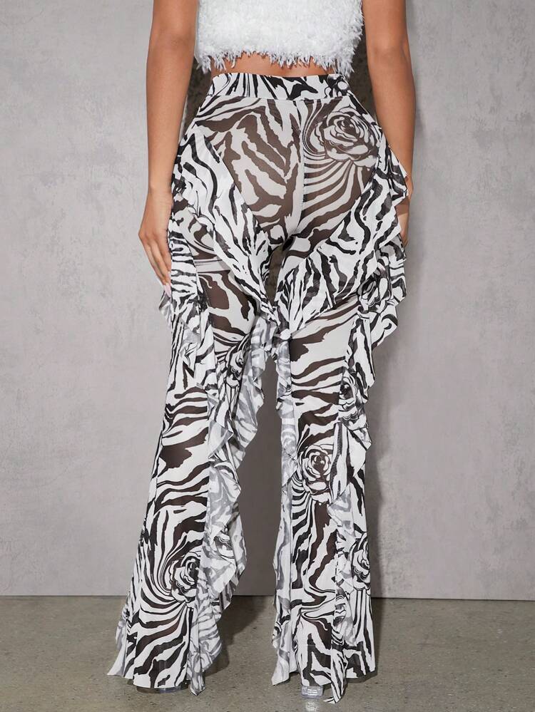 Zebra Striped Ruffle Mesh Pants