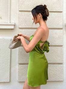 Aloruh Solid Tie Backless Satin Tube Dress - Olive Green - View 3