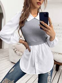 SHEIN LUNE Camisa 2 en 1 de dos tonos de manga farol