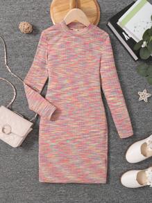 Tween Girl Space Dye Mock Neck Dress - Multicolor - View 1