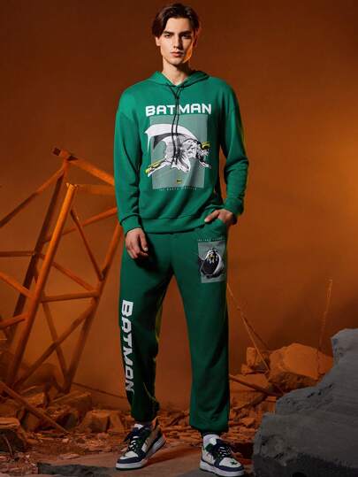 BATMAN X SHEIN Men Letter Graphic Drawstring Hoodie & Sweatpants