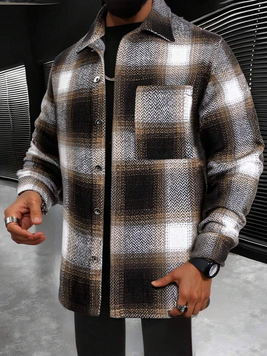 Manfinity Homme 男士1入組格紋印花口袋貼布襯衫式夾克 - 彩色 - 查看 1