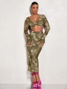 SHEIN BAE Nhuộm buộc Mặt trước xoắn Top Cây trồng & Váy bút chì - Nhiều màu - Xem 4