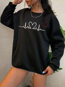 SHEIN EZwear Plus Heart Print Drop Shoulder Sweatshirt - Black - View 3