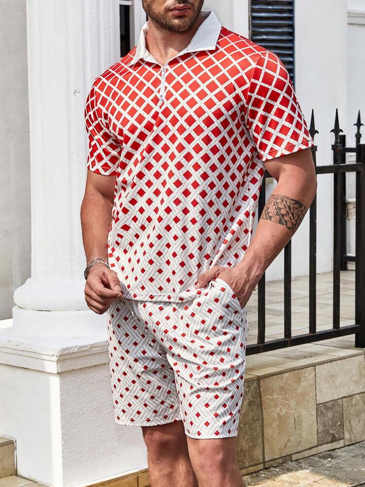 Men Plus Geo Print Polo Shirt & Shorts