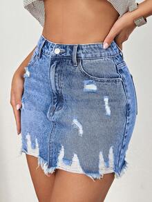 SHEIN BAE Rhinestone Detail Ripped Raw Hem Denim Skirt - Light Wash - View 5