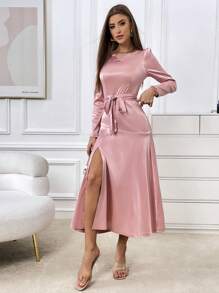 SHEIN Privé Puff Sleeve Split Thigh Belted Satin Dress