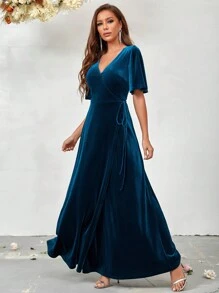 SHEIN Belle 翻領蝴蝶袖裹身下擺天鵝絨伴娘禮服 - 綠色 - 查看 4