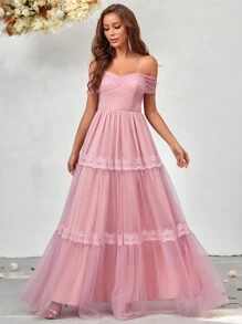 SHEIN Belle Váy lưới trễ vai - Hồng - Xem 4