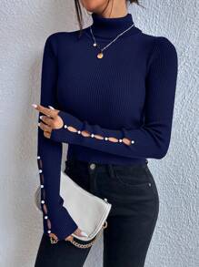 Chiquease Turtleneck Button Detail Ribbed Knit Sweater - Royal Blue - View 4