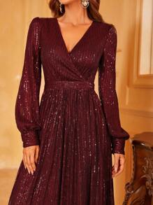 Đầm dạ hội cổ tròn tay loe đính sequin - Màu Đỏ Sâu - Xem 6