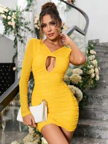 PARTHEA Vestido ajustado de manga asimétrica con abertura fruncido de malla