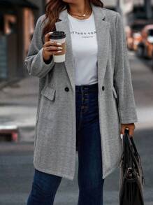 Calvaya Plus Lapel Neck Double Button Overcoat - Grey - View 4