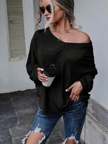 SHEIN LUNE Solid Tie Back Drop Shoulder Tee Fall Cloth For Women - Black - View 3