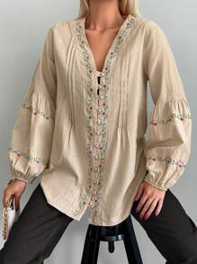 RueChic Floral Embroidery Lantern Sleeve Blouse - Khaki - View 4
