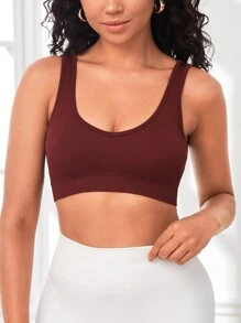 Brassière De Sport Unicolore Côtelé - Marron - Voir 6