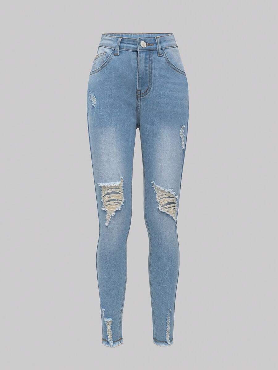 SHEIN Tween Girls All-Match Versatile Elegant Elastic Fitted Distressed Washed Denim Jeans, School, Campus, College - Light Wash - View 1