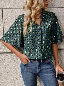 SHEIN Clasi Allover Print Notched Neckline Blouse - Green - View 6