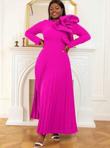 Plus Bow Front Pleated Hem Formal Dress - Hot Pink - View 4