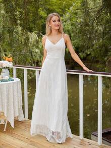 Solid Lace Cami Wedding Dress - White - View 5